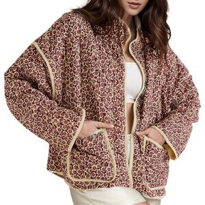 Women’s Red Cropped Puffer Quilted Jacket Floral Print Lightweight Coat